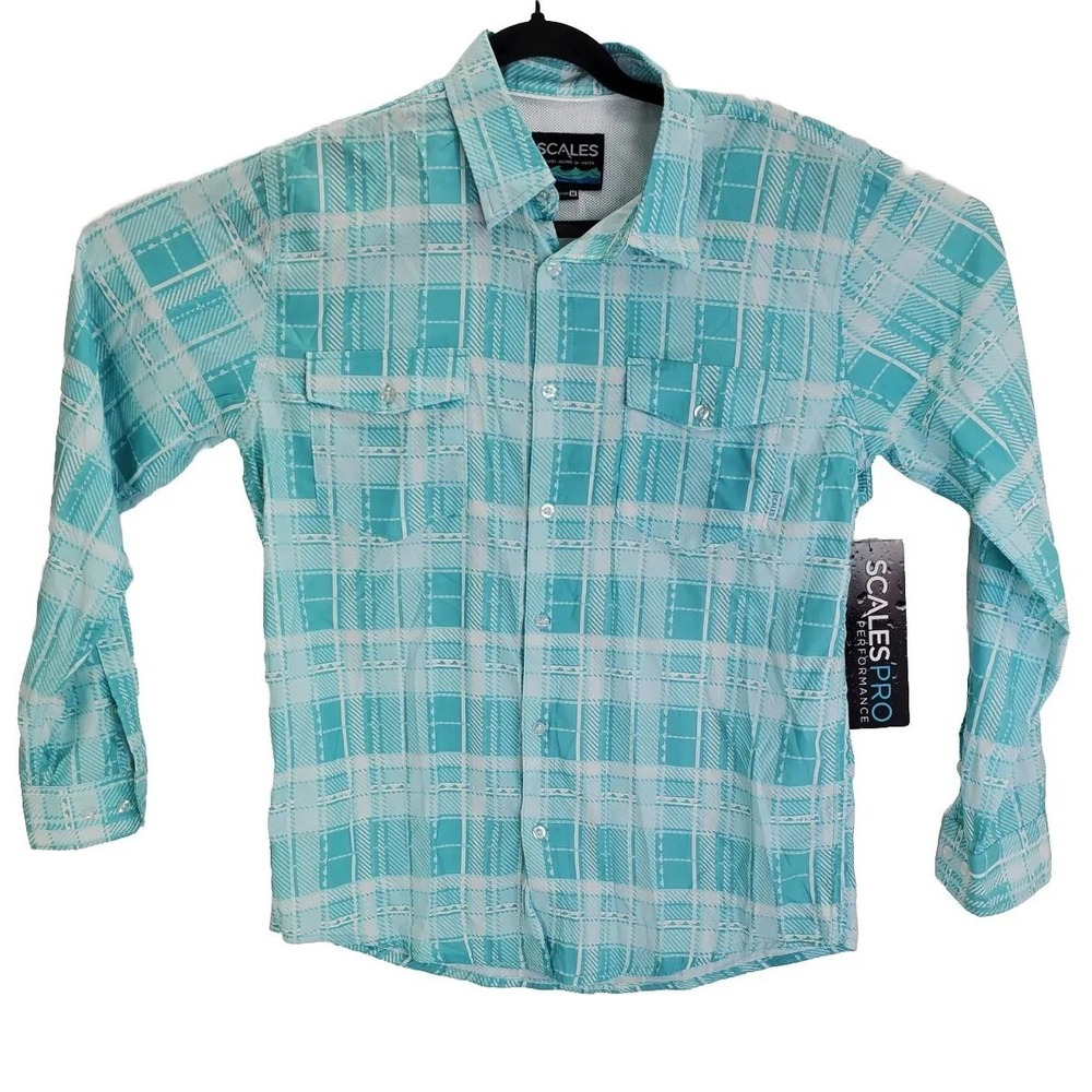 Scales Pro Performance Tropical Vented Fishing Shirt Seafoam Plaid Women Medium